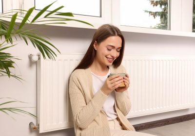 Woman,Holding,Cup,With,Hot,Drink,Near,Heating,Radiator,Indoors
